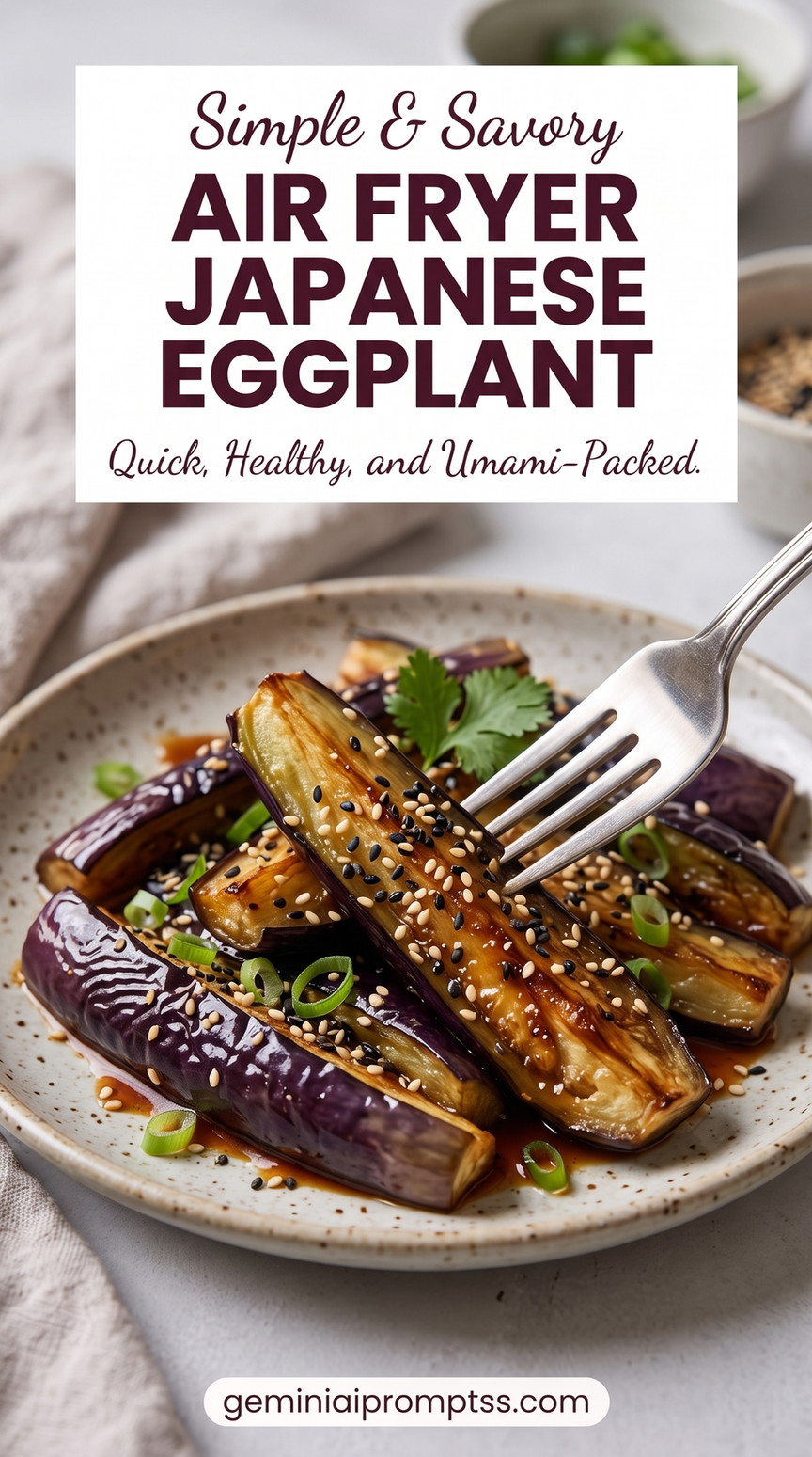 Air Fryer Japanese Soy-Sesame Eggplant showing air-fried Japanese eggplant halves with soy-sesame glaze, sesame, and scallions