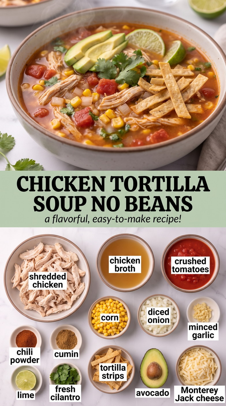 Chicken tortilla soup no beans showing a tomato-based chicken soup with corn, beans, avocado, and crisp tortilla strips