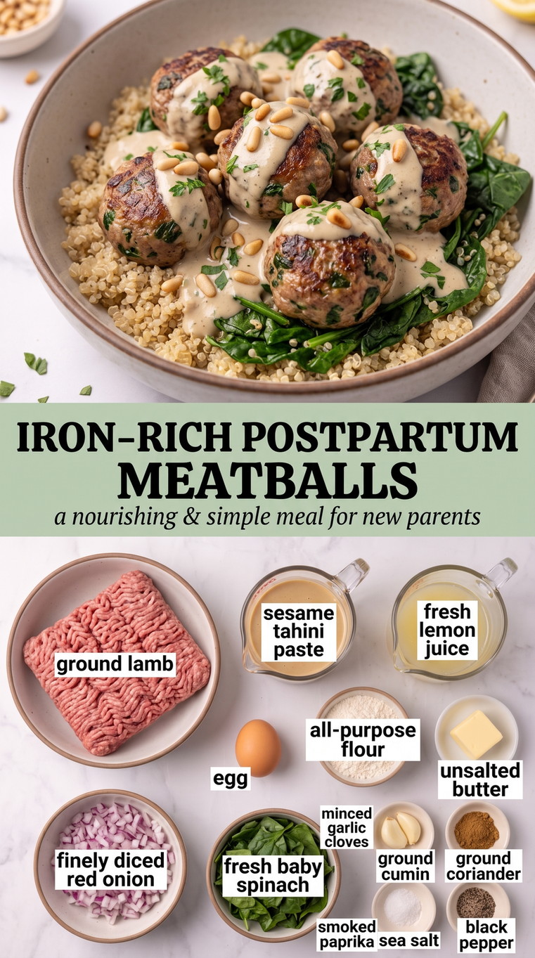 Iron-rich Postpartum Recipes showing lamb meatballs over spinach and grains with tahini, lemon and herbs