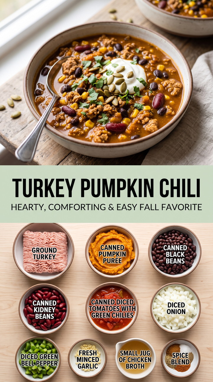 Turkey Pumpkin Chili Recipe with turkey pumpkin chili with pumpkin, black beans, kidney beans, tomatoes, green chiles, peppers, onion, and garlic