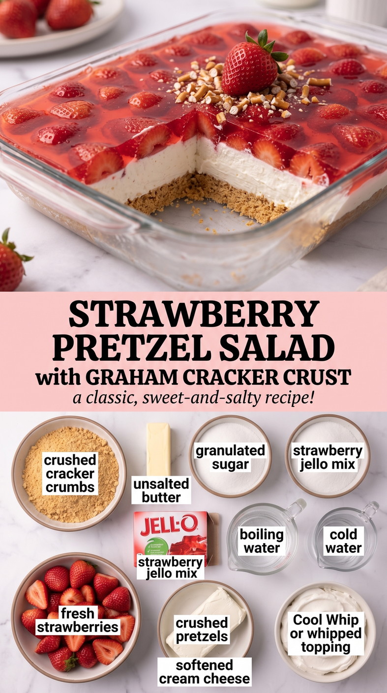 Strawberry Pretzel Salad with Graham Cracker Crust with strawberry pretzel salad with a graham-cracker-and-pretzel crust, cream cheese, whipped topping, and fresh berries