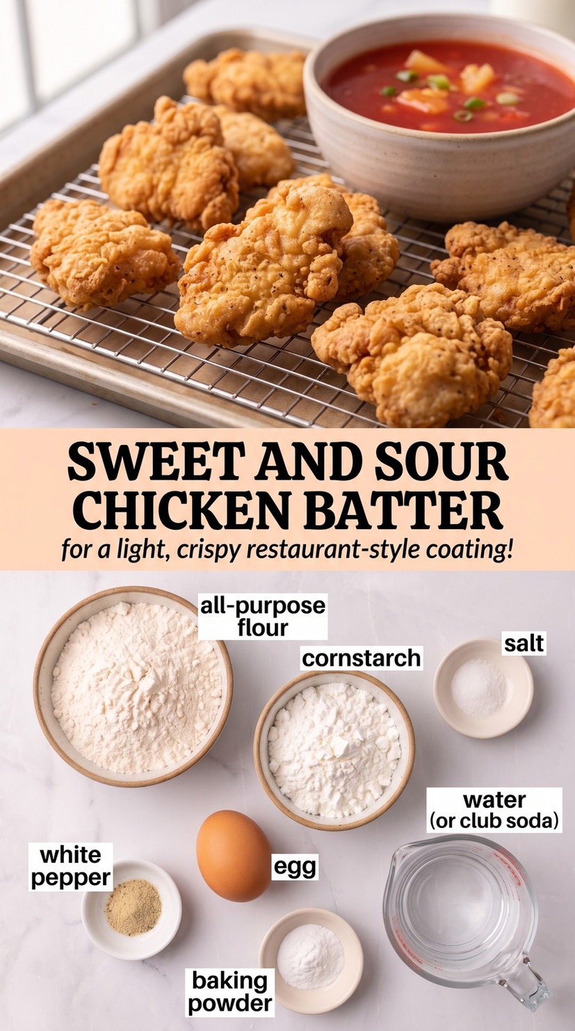 Sweet and sour chicken batter finished dish made with all-purpose flour, cornstarch, and salt