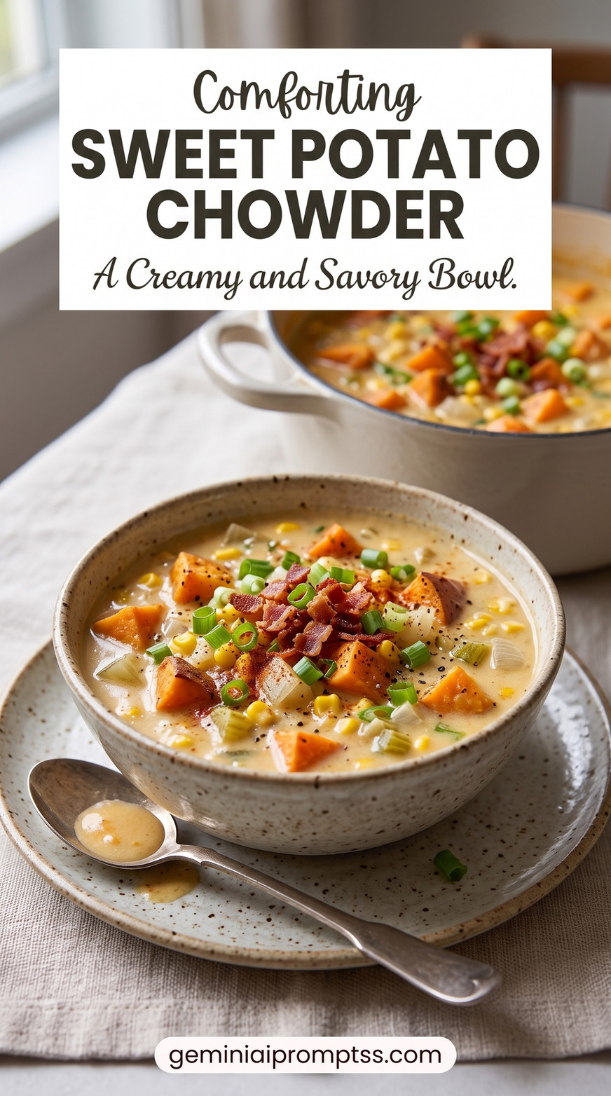 Sweet potato chowder recipe showing creamy chowder with sweet potato cubes, corn, onion, celery, bacon, and scallions