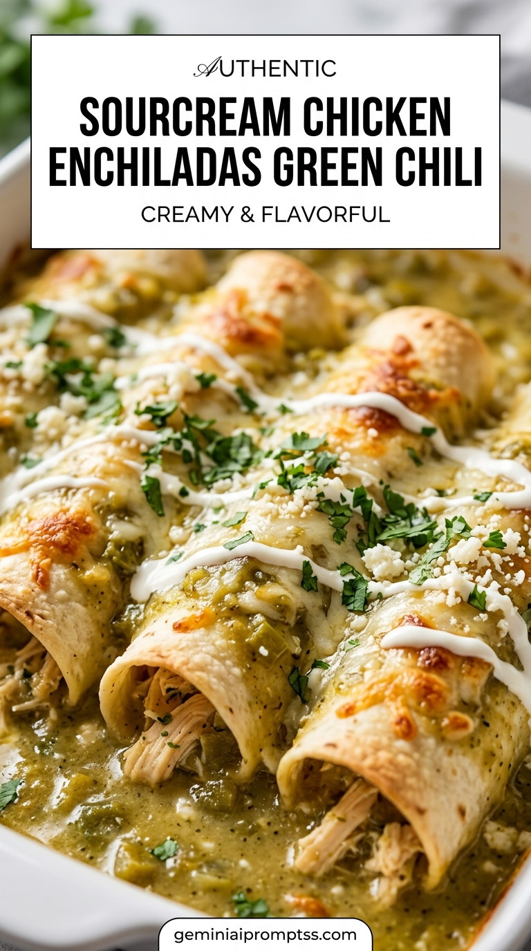 Sourcream Chicken Enchiladas Green Chili finished dish with shredded chicken, melted cheese