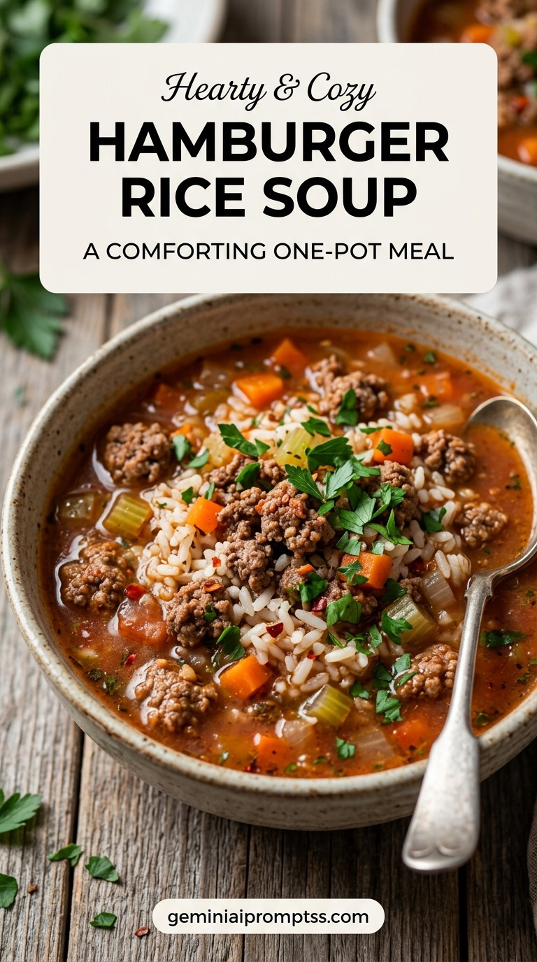 Hamburger Rice Soup showing hamburger rice soup with ground beef, rice, carrots, celery, tomatoes, and parsley