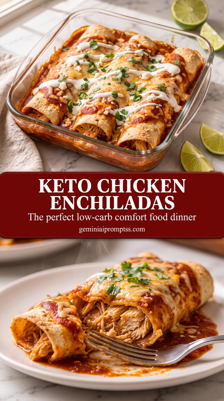Keto Chicken Enchiladas with rolled chicken enchiladas with red sauce, melted cheese, and a fresh green finish