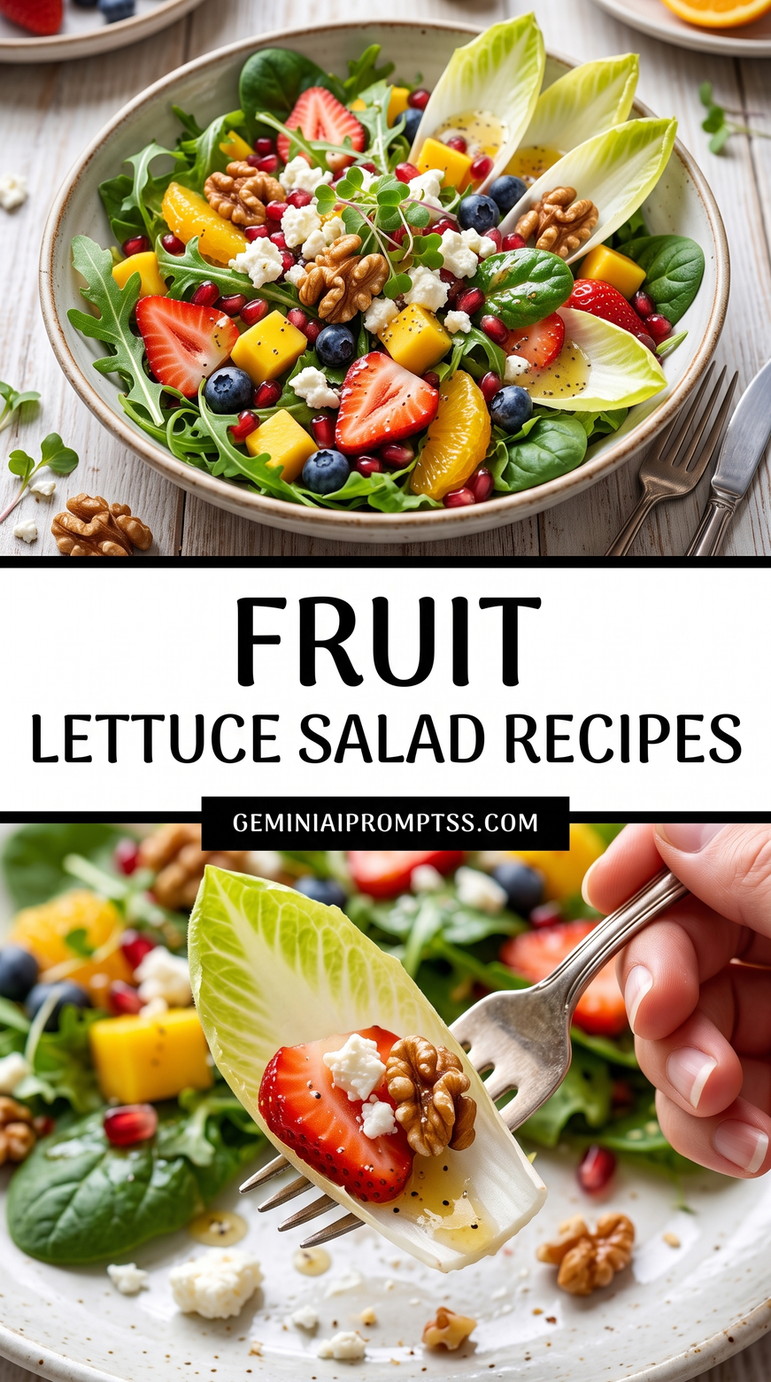 Fruit Lettuce Salad Recipes showing lettuce and endive with strawberries, blueberries, yellow-orange fruit, walnuts and white cheese