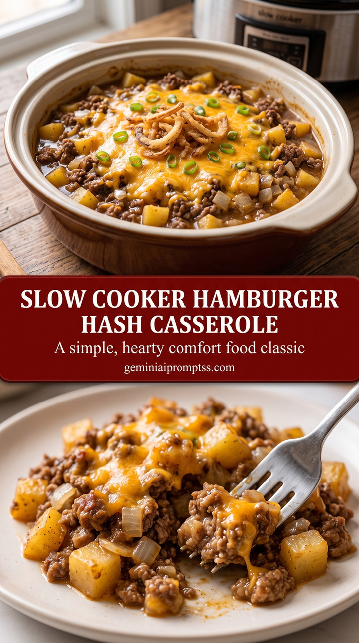 slow cooker hamburger hash casserole with a slow-cooker hamburger hash casserole with ground beef, potato cubes, onion, melted cheddar, and green onion