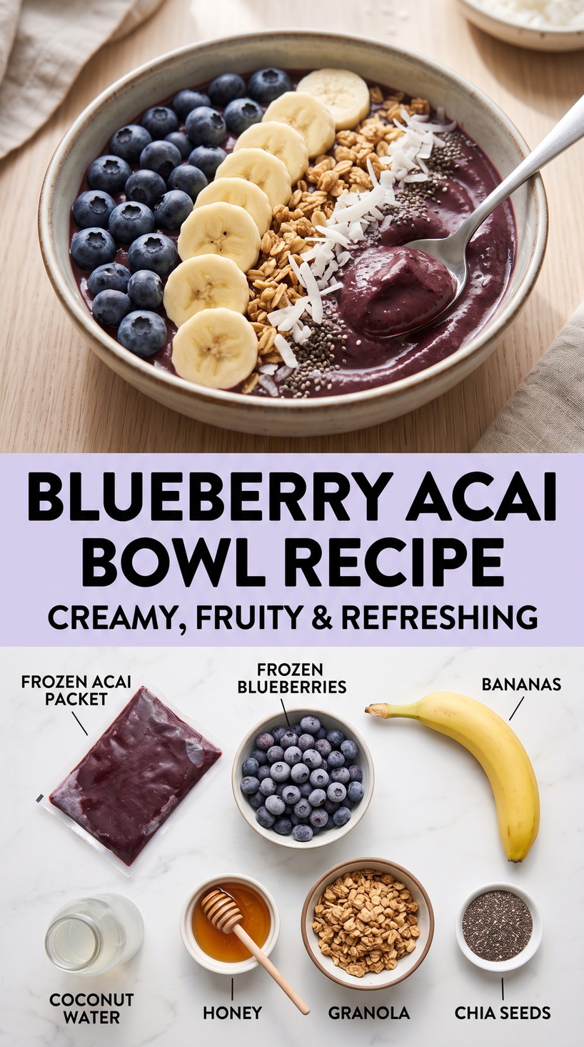 Blueberry Acai Bowl Recipe with blueberry acai with banana, coconut water, honey, granola, and chia