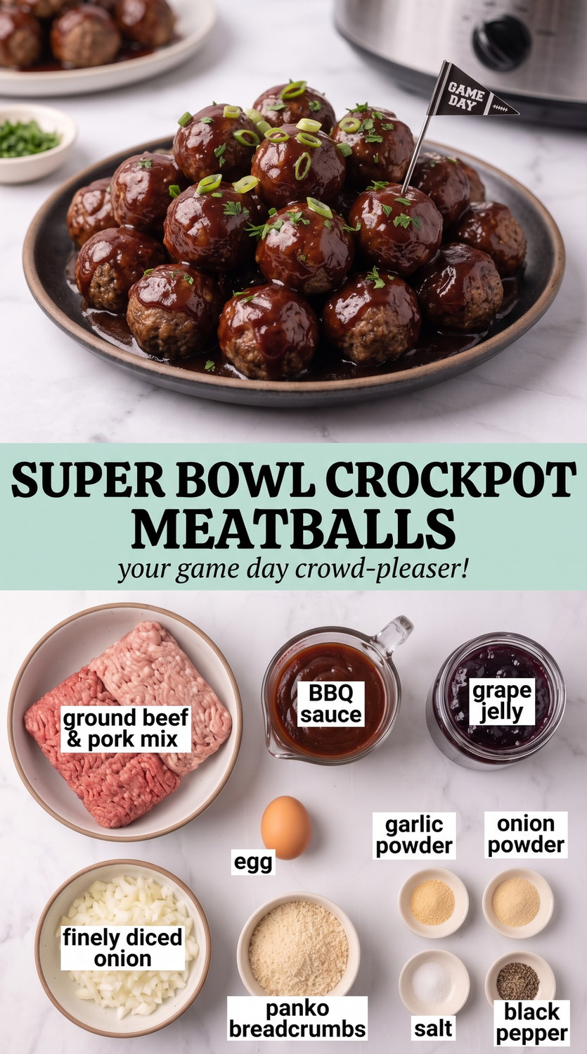 Super Bowl Crockpot Meatballs with beef-and-pork meatballs glazed in slow-cooker barbecue sauce and grape jelly