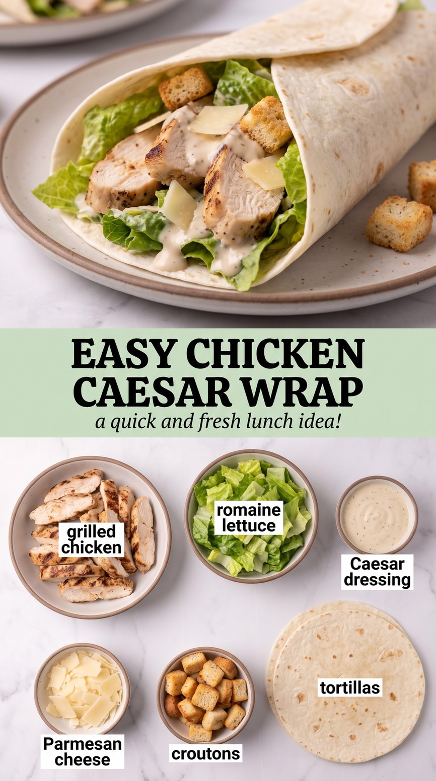 Easy chicken caesar wrap showing grilled chicken with crisp greens, Parmesan, croutons, and creamy Caesar dressing