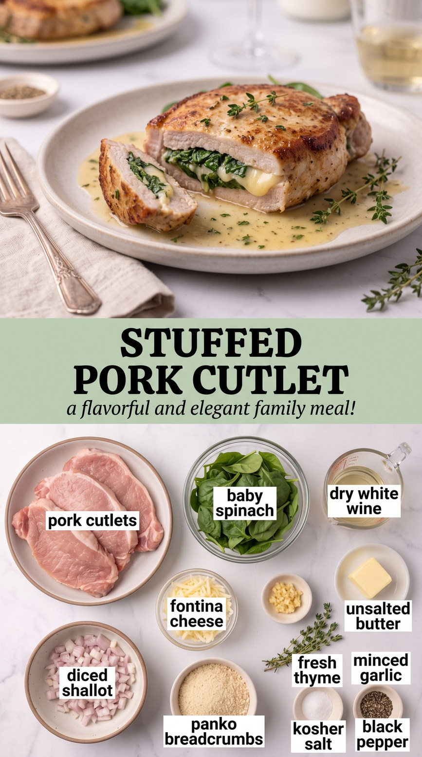 Stuffed Pork Cutlets with Apple-Sage Filling prepared as a finished stuffed pork cutlet recipe recipe with browned cutlets ready to serve
