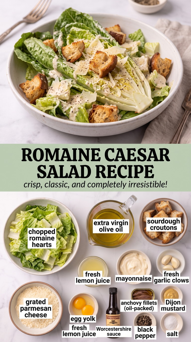 Romaine Caesar Salad Recipe showing classic romaine Caesar salad with croutons, Parmesan and creamy anchovy dressing