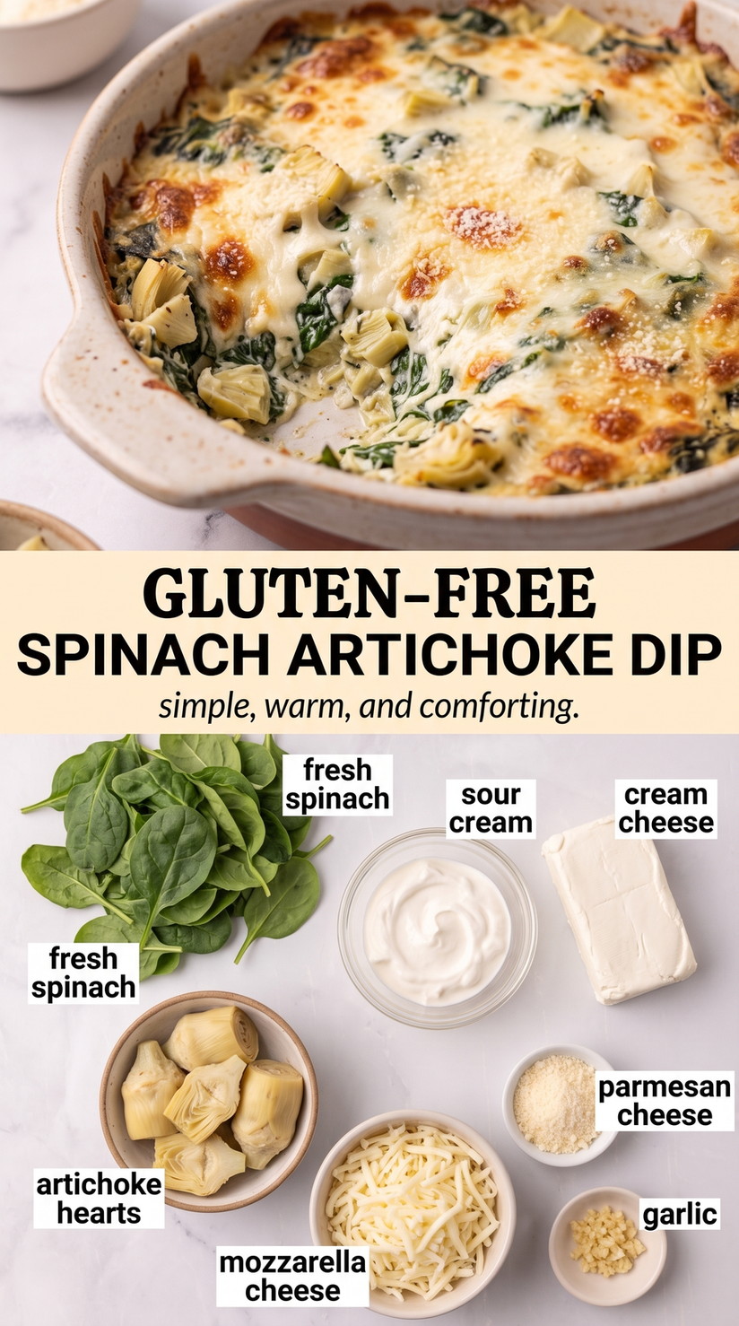Gluten-free spinach artichoke dip finished dish made with fresh spinach, sour cream, and cream cheese