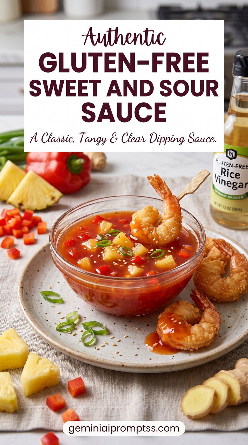 Gluten-free sweet and sour sauce with pineapple, red bell pepper, green onion, sesame seeds, and crispy shrimp