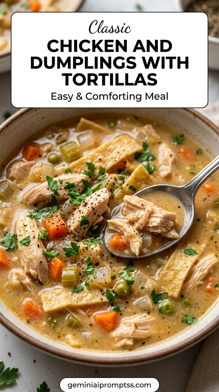 Chicken and Dumplings with Tortillas showing chicken soup with carrots, celery, peas, and wide tender tortilla strips in place of traditional dumplings