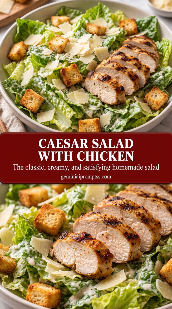 Caesar salad with chicken showing grilled chicken with crisp Caesar greens, Parmesan, and croutons