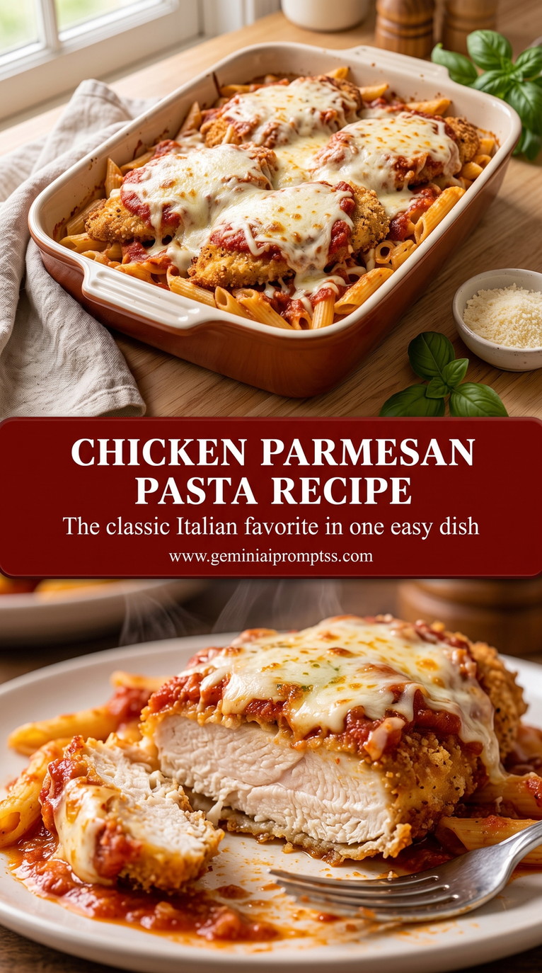 Baked Chicken Parmesan Pasta finished dish with baked chicken parmesan pasta