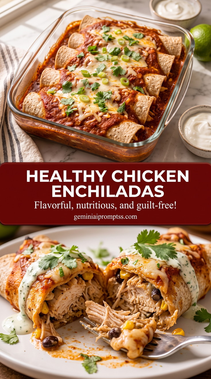 Healthy Chicken Enchiladas with rolled chicken enchiladas with red sauce, melted cheese, and a fresh green finish