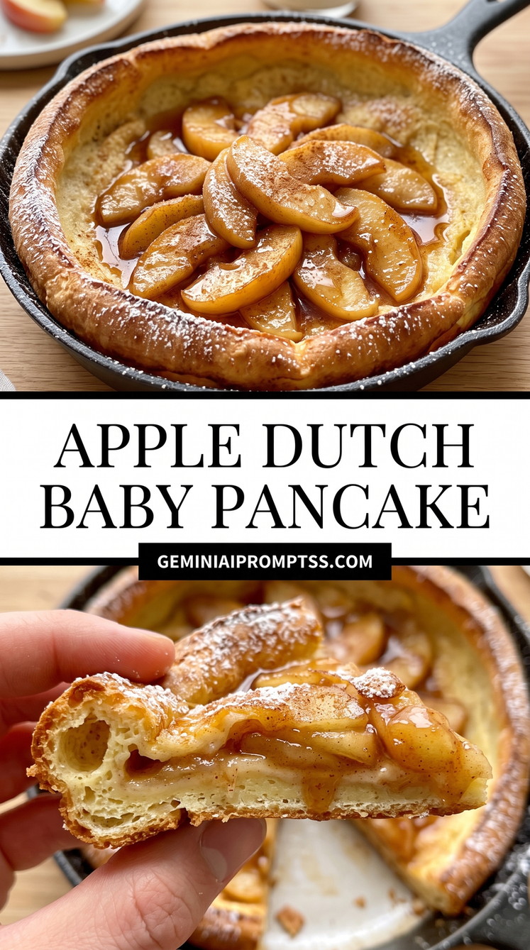 Apple Dutch Baby Pancake showing puffed Dutch baby topped with glossy tender apple slices in a caramel-colored sauce
