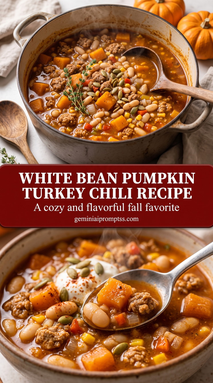 white bean pumpkin turkey chili recipe with a pumpkin-colored turkey chili with white beans, orange pumpkin pieces, ground turkey, seeds, and herbs