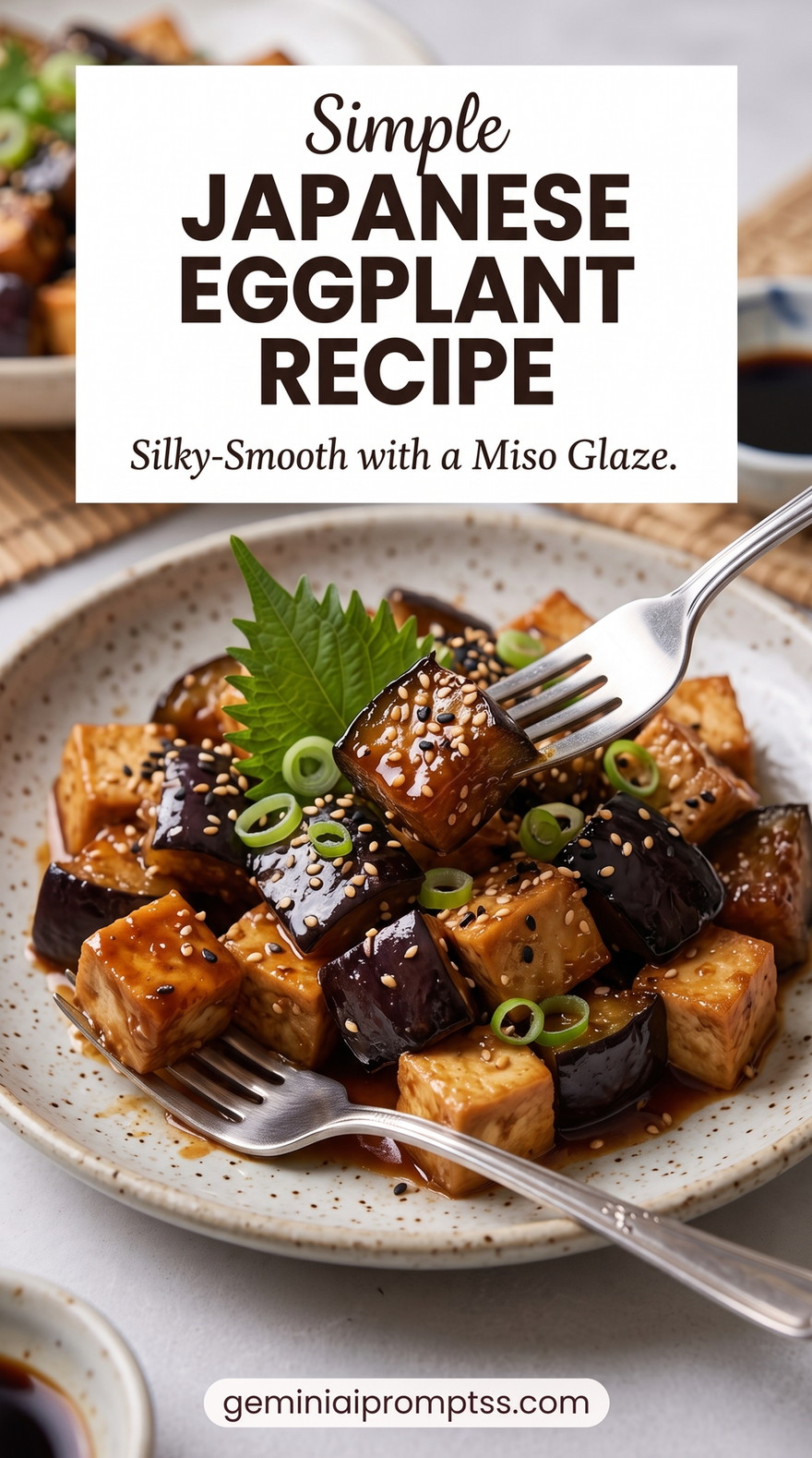 Miso Japanese Eggplant with Crispy Tofu showing glazed Japanese eggplant pieces with tofu cubes, sesame seeds, and scallions
