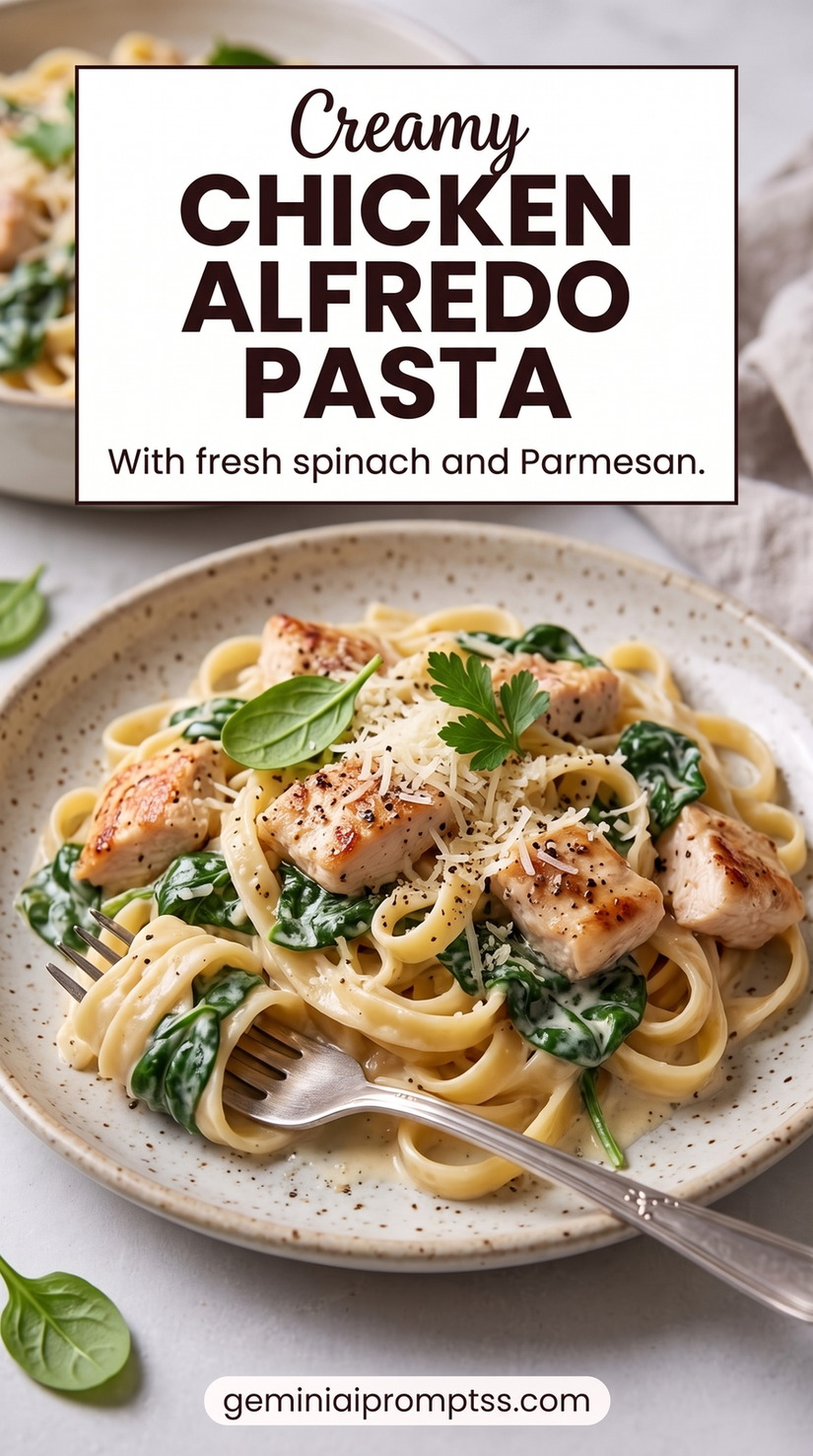 Chicken Alfredo Pasta with Vegetables with creamy sauce, chicken, pasta, Parmesan