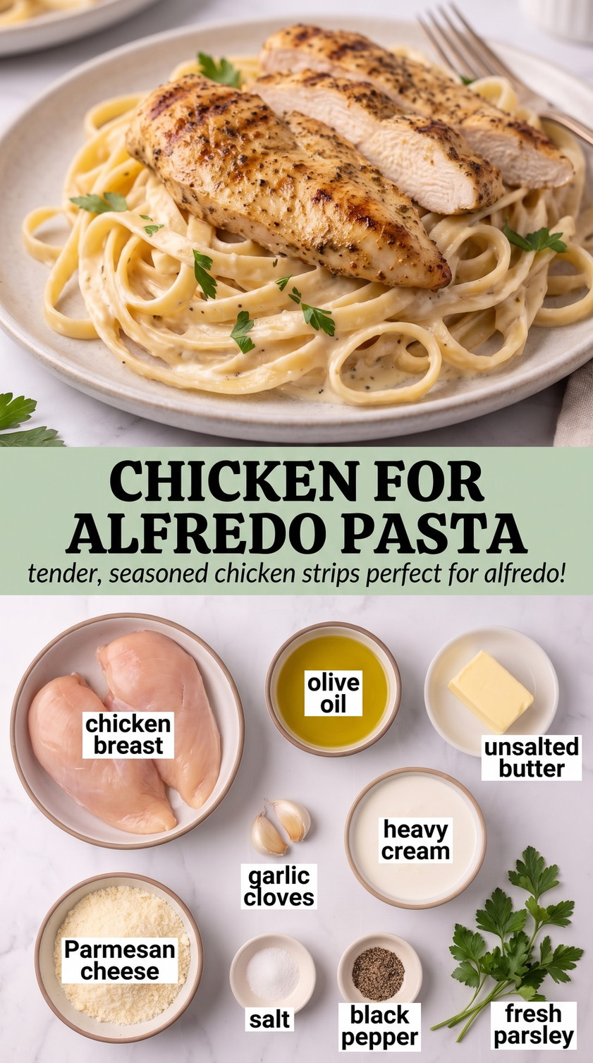 Chicken for alfredo pasta showing creamy pasta coated in Parmesan sauce with tender chicken
