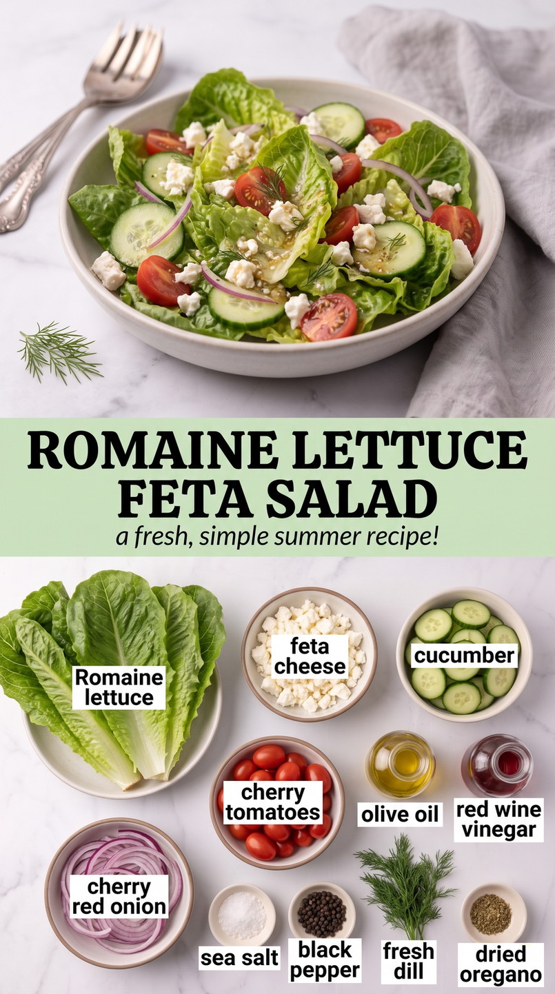 Romaine Lettuce Feta Salad Recipes showing romaine lettuce with feta, cucumber, tomatoes, red onion and dill