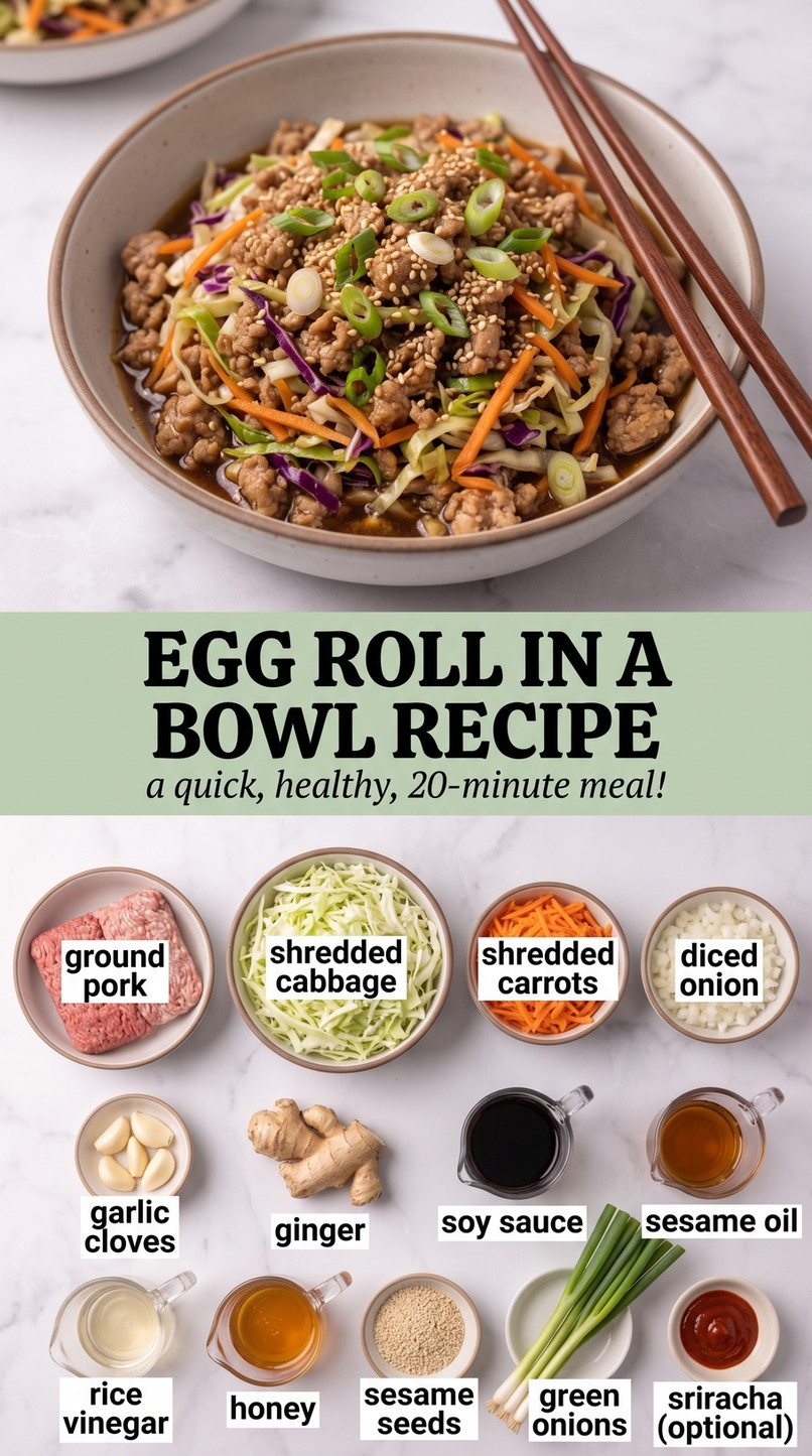 Egg Roll in a Bowl Recipe showing ground pork with shredded cabbage, carrots, onion, garlic, ginger, scallions, sesame, and a savory sesame-soy coating