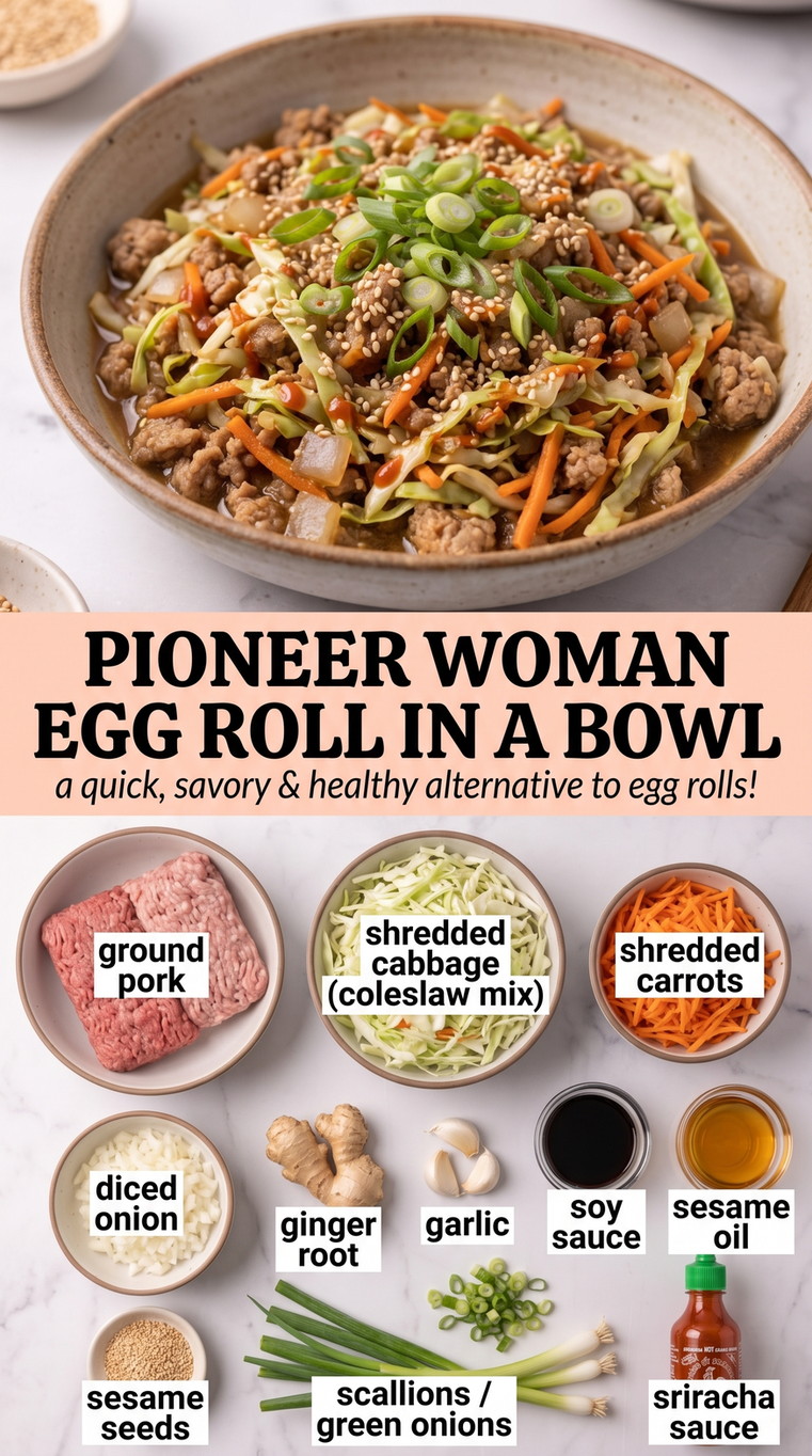 Pioneer Woman Egg Roll in a Bowl showing ground pork with shredded cabbage, carrots, onion, garlic, ginger, scallions, sesame, and a savory sesame-soy coating