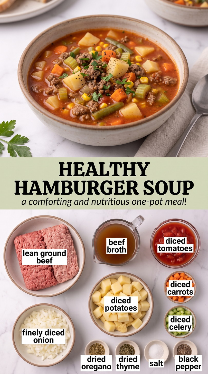 Healthy Hamburger Soup with lean hamburger soup with potatoes, carrots, celery, tomatoes, and herbs