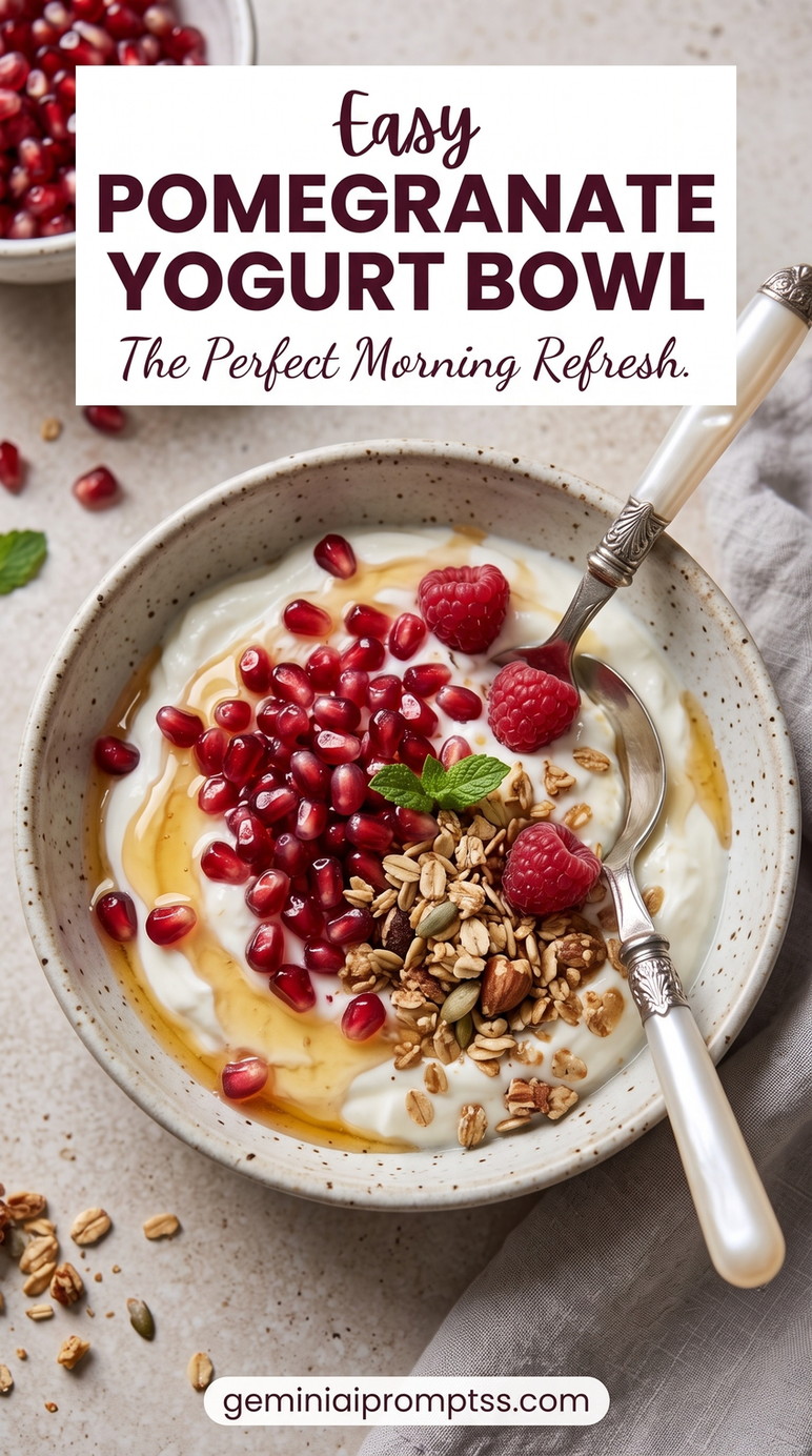 Pomegranate Yogurt Bowl showing Greek yogurt with pomegranate, raspberries, granola, almonds, honey, and mint
