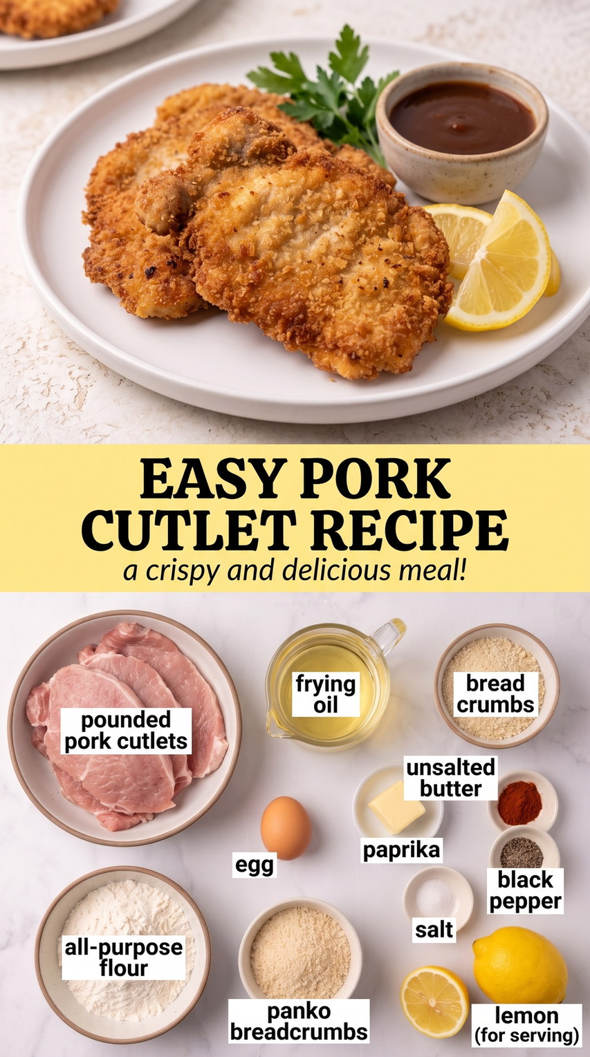 Easy Oven-Crisped Pork Cutlets prepared as a finished easy pork cutlet recipe recipe with browned cutlets ready to serve