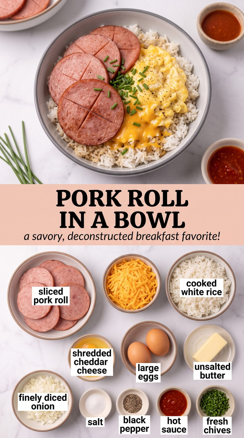 Pork Roll in a Bowl with seared pork roll, fluffy eggs, white rice, melted cheddar, onion, hot sauce, and chives