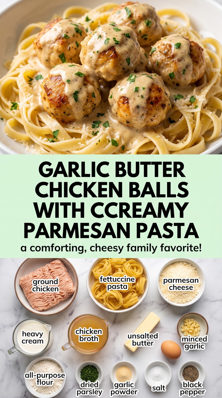 Garlic Butter Chicken Meatballs with Creamy Parmesan Pasta - creamy chicken pasta coated in garlic Parmesan sauce