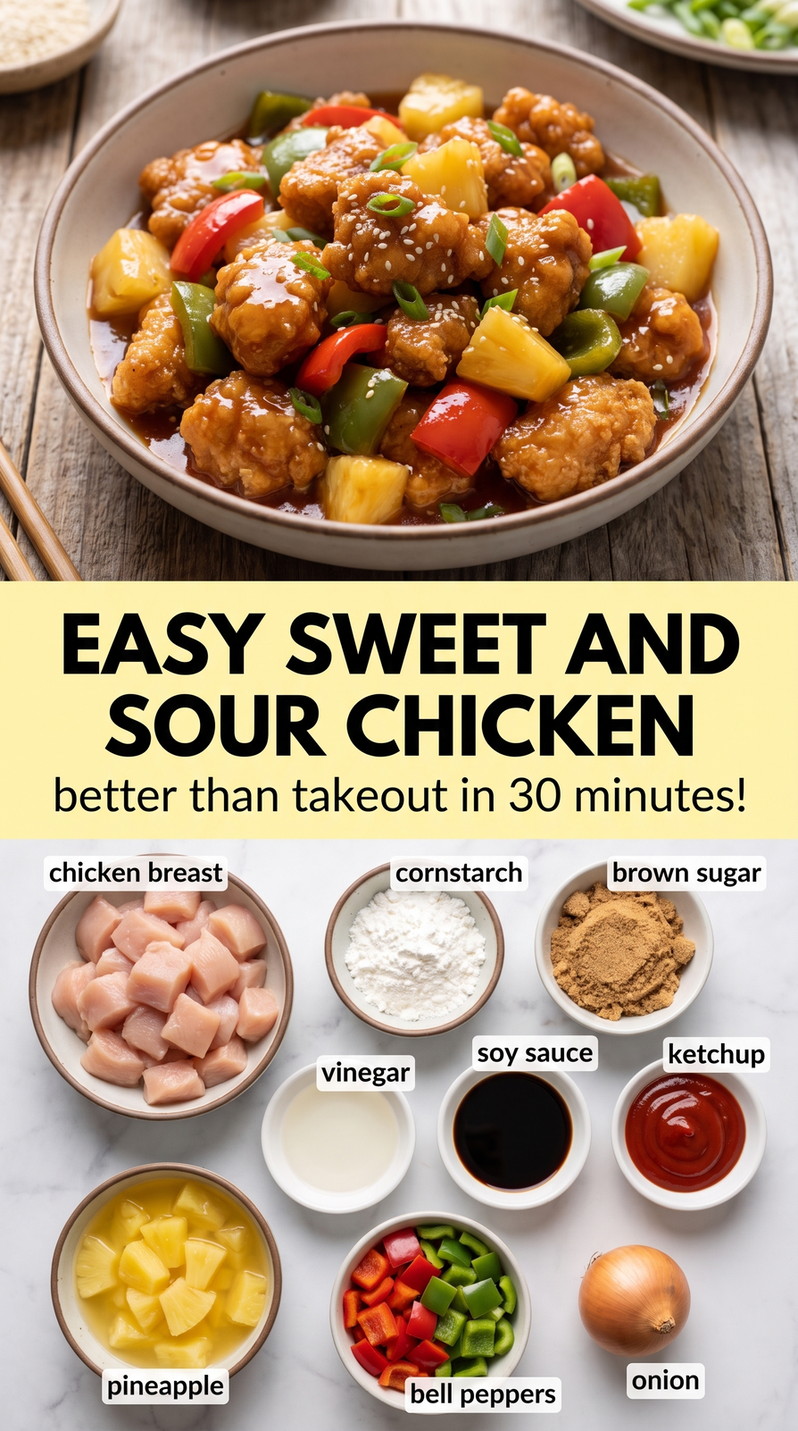 Easy sweet and sour chicken finished dish made with chicken breast, cornstarch, and brown sugar