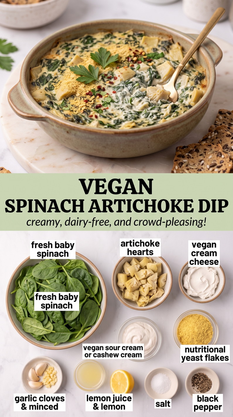 Vegan spinach artichoke dip finished dish made with fresh baby spinach, artichoke hearts, and vegan cream cheese