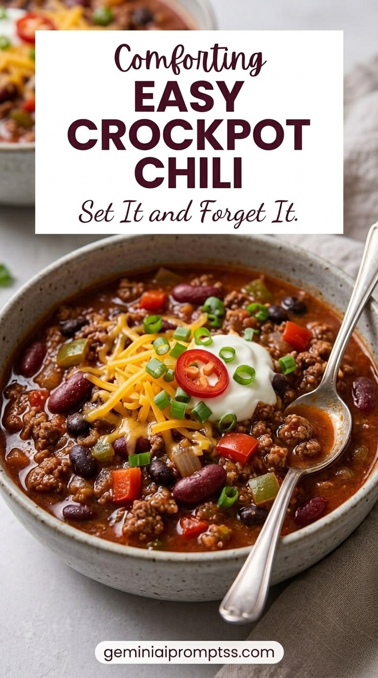 Easy Crockpot Chili Recipe showing classic crockpot beef chili with kidney and black beans, peppers, tomatoes, cheddar, sour cream, and jalapeño