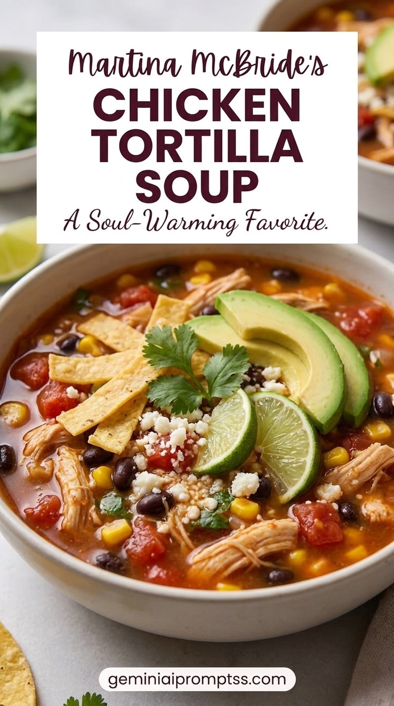 Martina Mcbride Chicken Tortilla Soup with shredded chicken, tortilla strips, avocado, beans, corn, lime, and a red tomato-chile broth