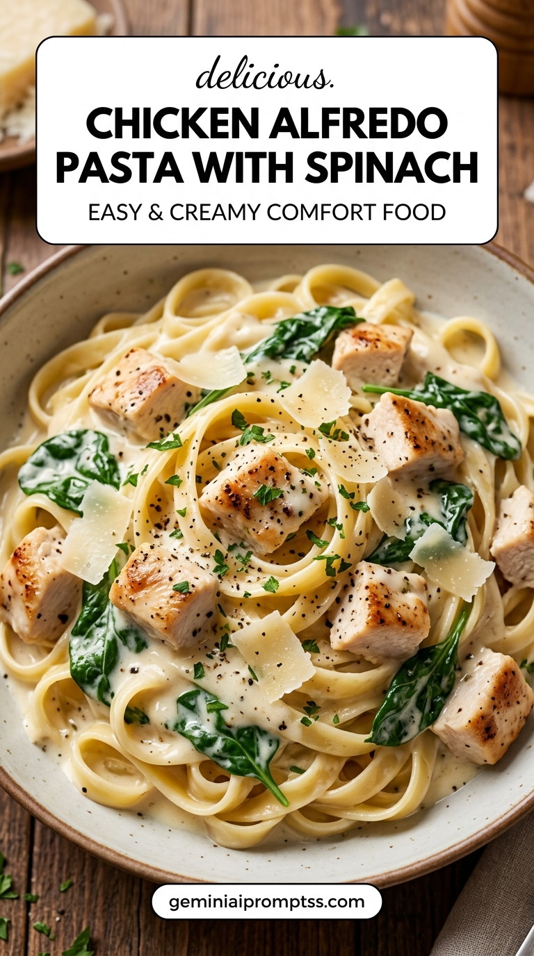 Chicken Alfredo Pasta with Spinach finished dish with baby spinach