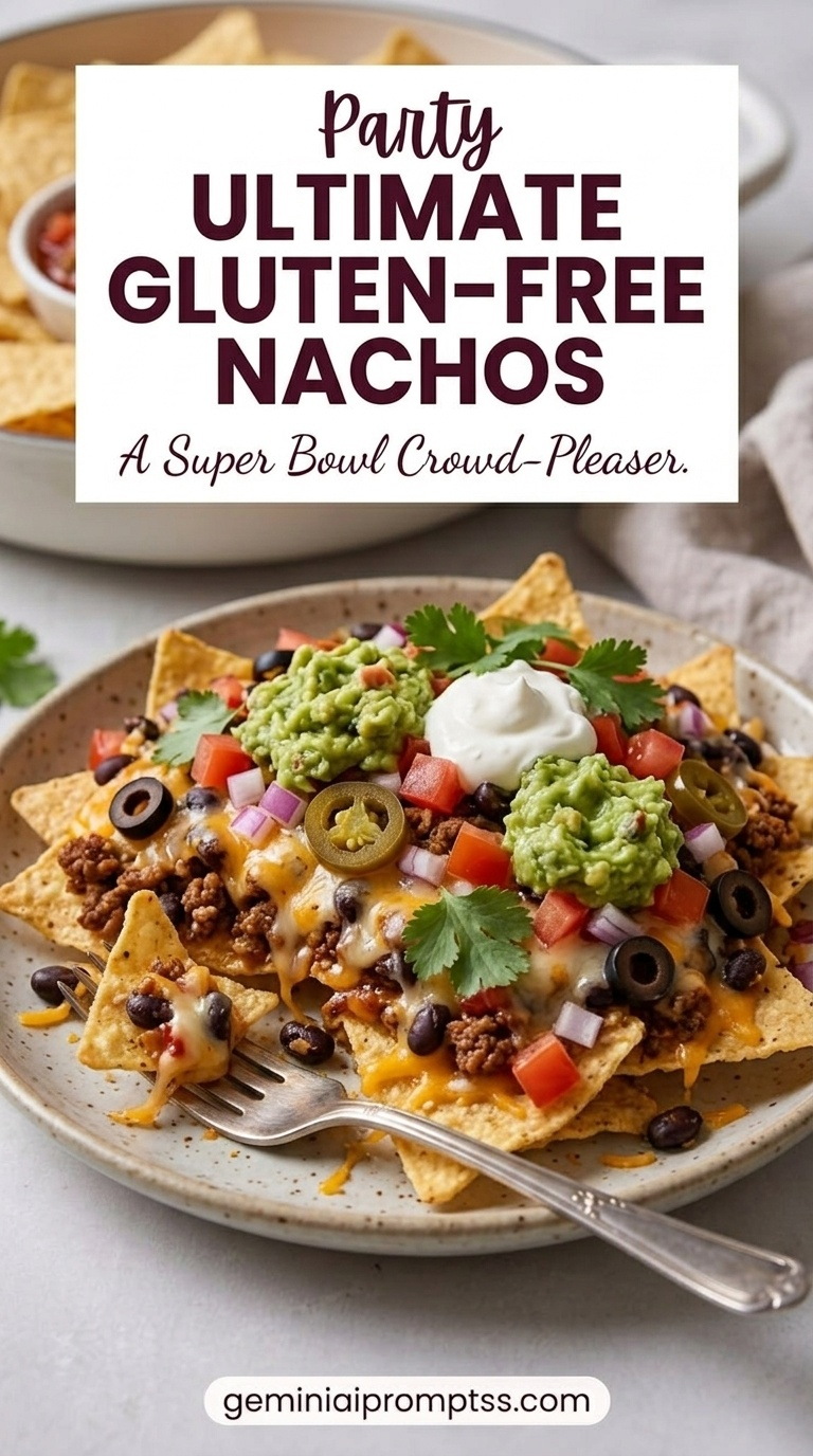 Gluten-free Super Bowl Party Food showing nachos with melted cheese, black beans, corn, peppers, olives, jalapeño, guacamole, sour cream, tomato, and cilantro