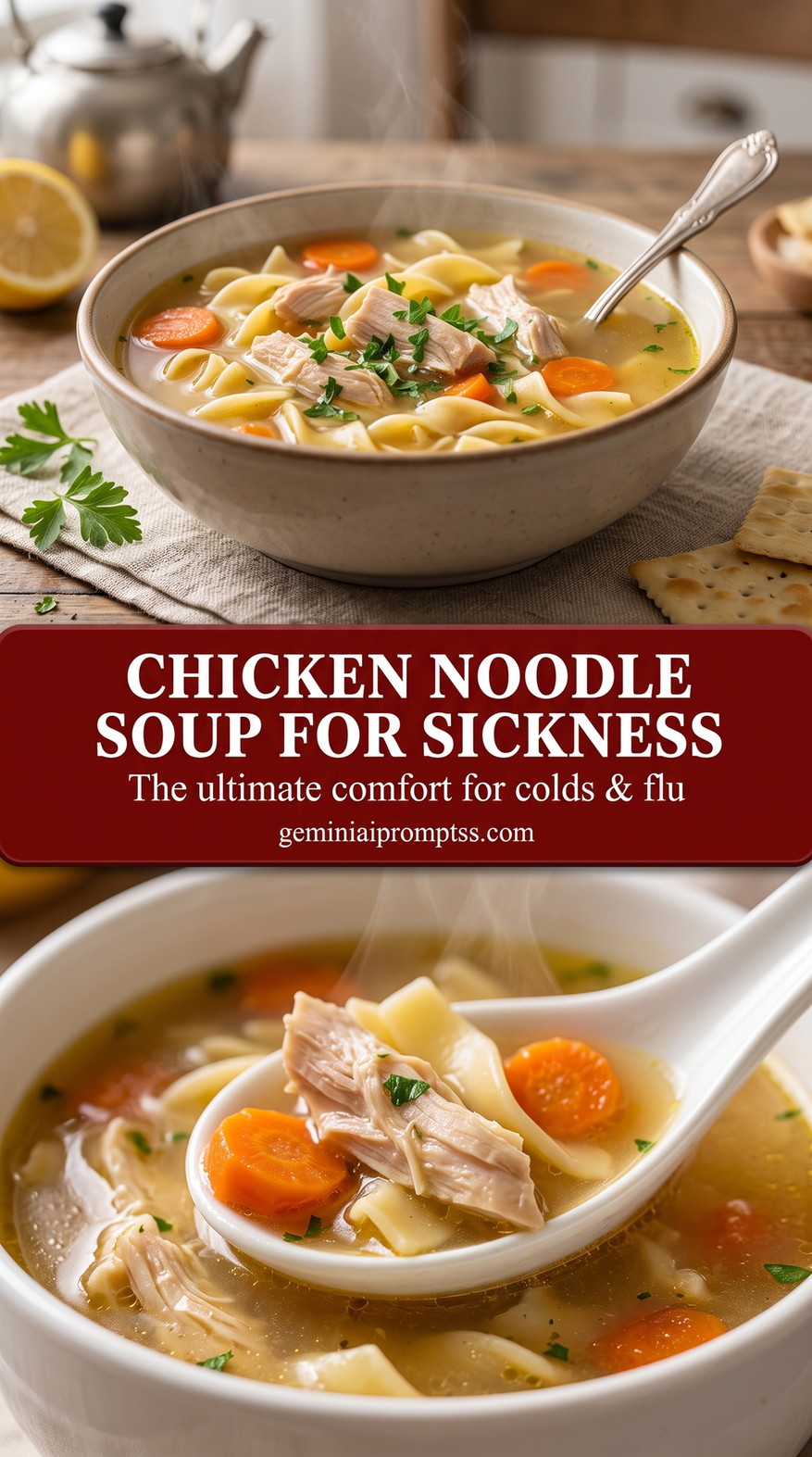 Gentle Chicken Noodle Soup with Carrots and Parsley finished dish with gentle chicken noodle soup with carrots and parsley