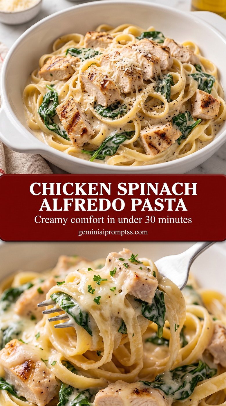Chicken spinach alfredo pasta showing creamy chicken Alfredo pasta with a glossy Parmesan sauce
