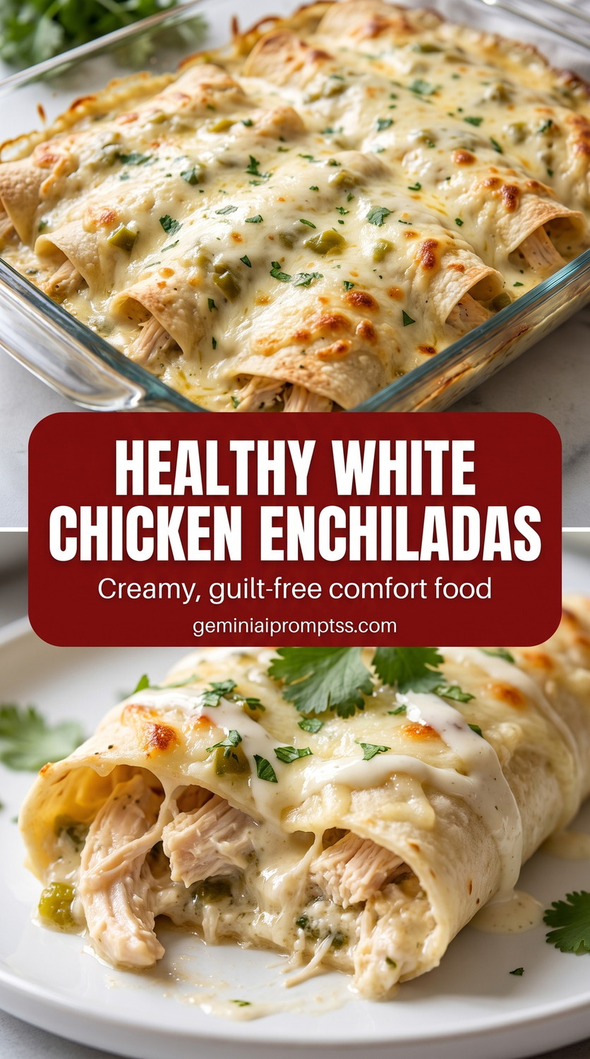healthy white chicken enchiladas with yogurt sauce with chicken, a lighter white sauce, green chiles, and cheese