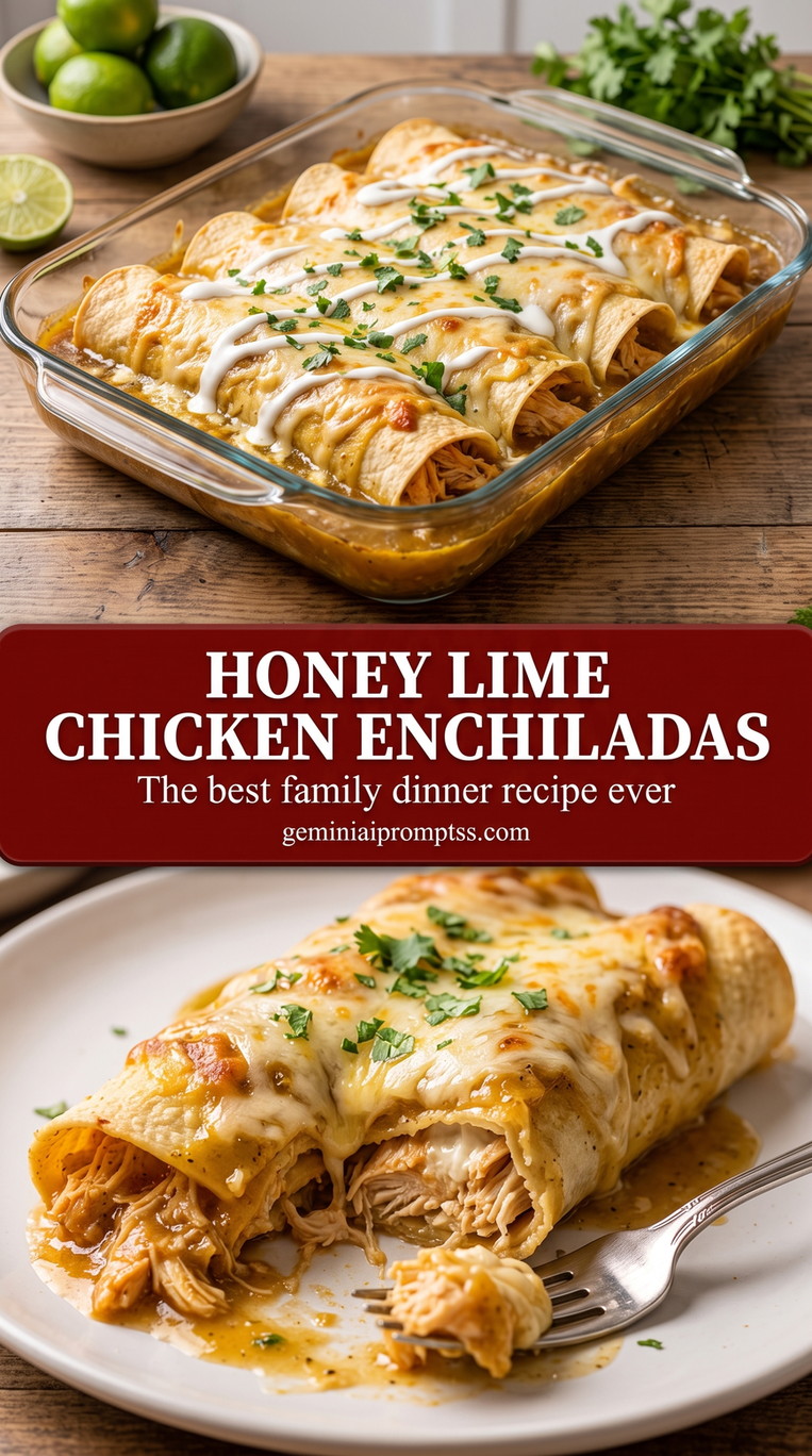 Honey Lime Chicken Enchiladas with rolled chicken enchiladas with a green sauce and melted cheese