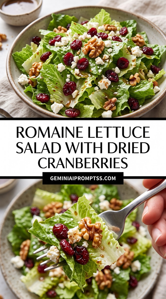 Romaine Lettuce Salad With Dried Cranberries showing romaine lettuce with many dried cranberries, walnuts and crumbled white cheese