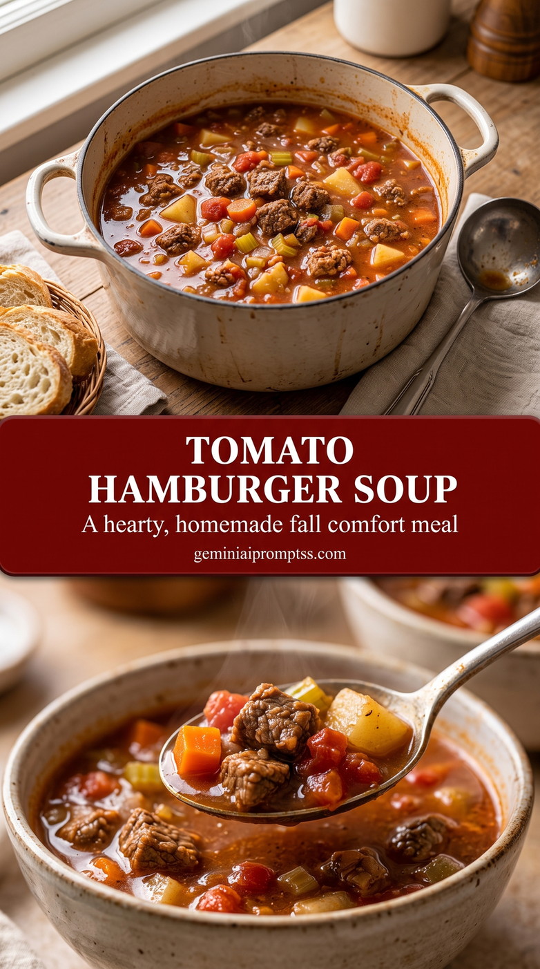 tomato hamburger soup with a tomato hamburger soup with ground beef, diced tomatoes, potato cubes, carrots or celery, onion, and a red tomato broth