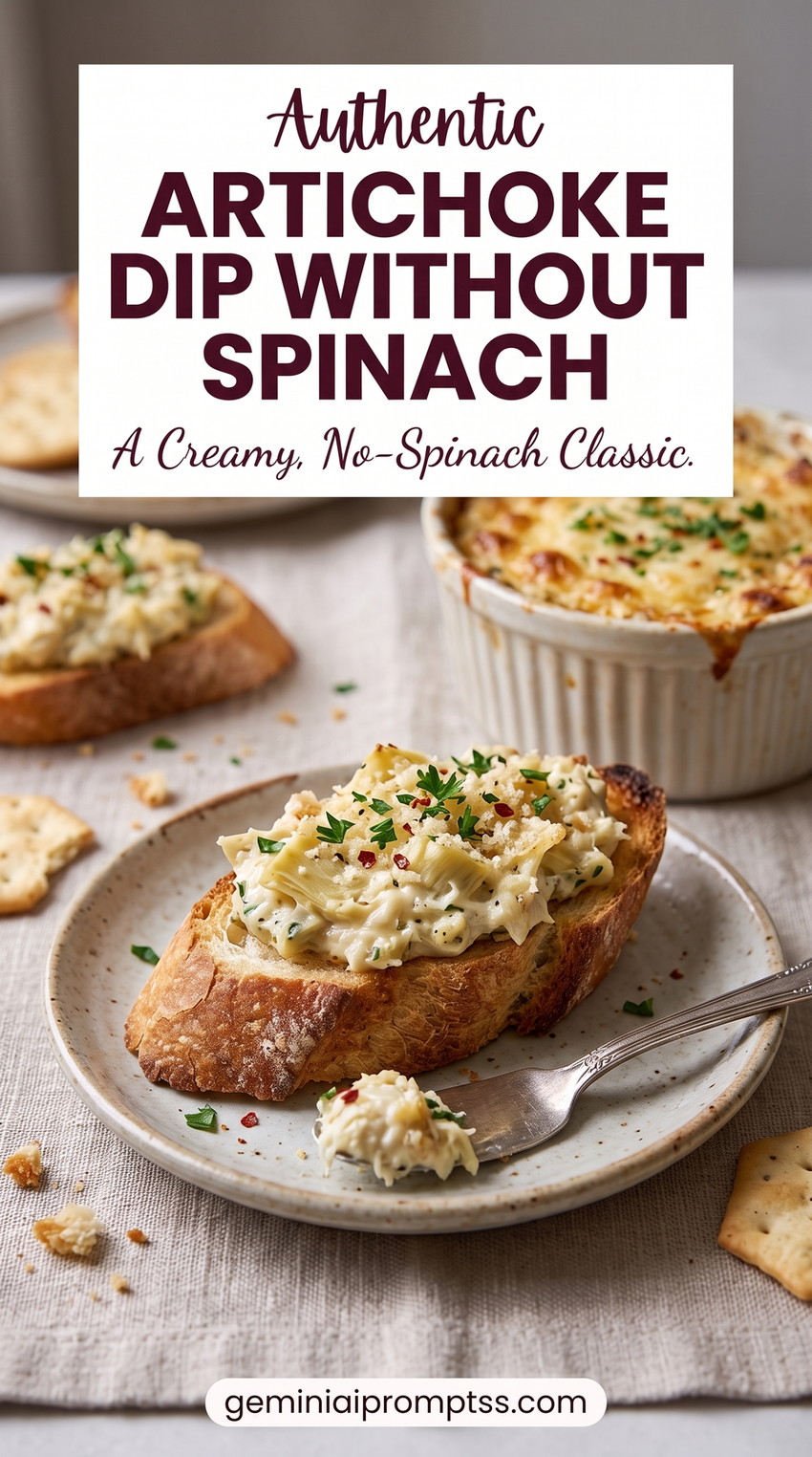 Artichoke dip without spinach showing a creamy no-spinach artichoke spread baked until browned and served on toasted bread