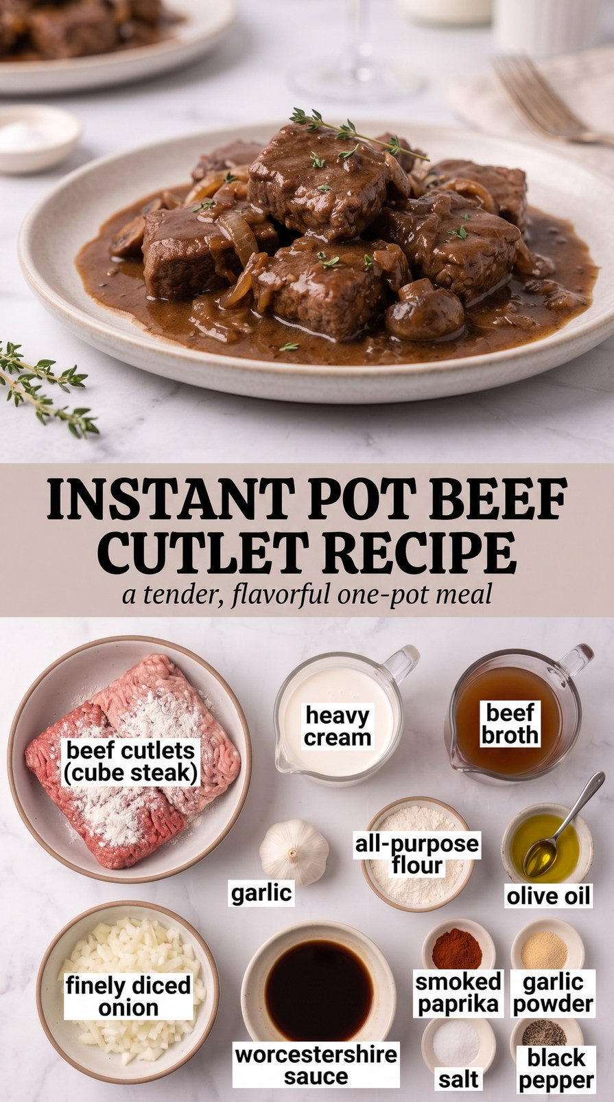 Instant Pot Beef Cutlets with Mushroom Gravy prepared as a finished instant pot beef cutlet recipe recipe with browned cutlets ready to serve